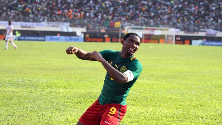 Cameroon striker Samuel Eto'o after his team defeated Tunisia in their World Cup clash
