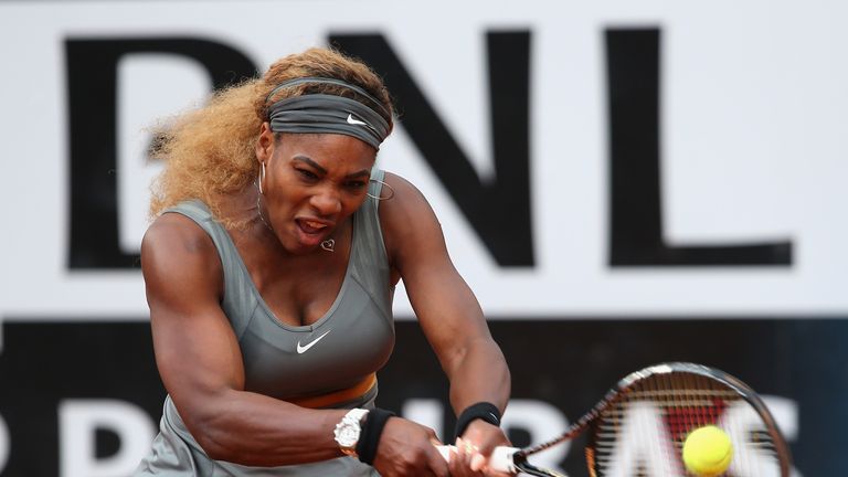 Serena Williams of USA in action against Andrea Petkovic of Germany at the WTA Italian Open.