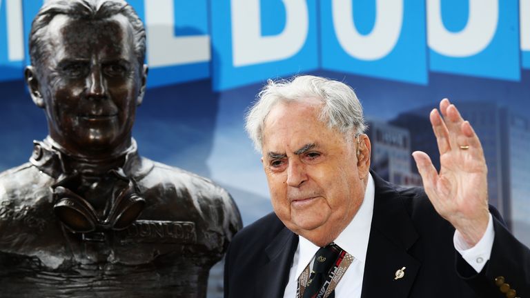 Former F1 World Champion Sir Jack Brabham attends the unveiling of a bust cast in his honour before the Australian Formula Grand Prix