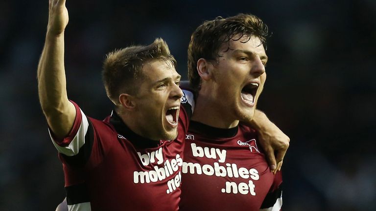 Derby's Chris Martin (right) celebrates scoring his second goal with Jamie Ward during the Sky Bet Championship Play-off, Semi Final match at the AMEX Stad