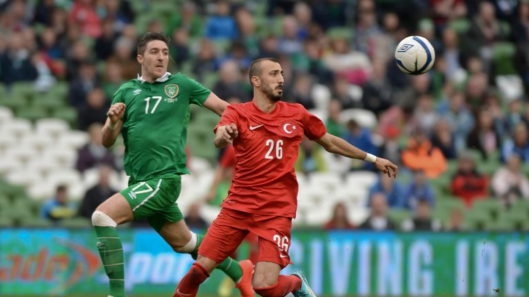 Turkey's Ahmet Ilhan Ozek (right) in action with Republic of Ireland's Stephen Ward during the International Friendly match at The Aviva Stadium, Dublin, I