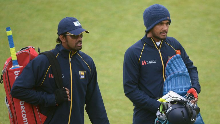 Suranga Lakmal and Sachithra Senanayake prepare for training ahead of the second ODI