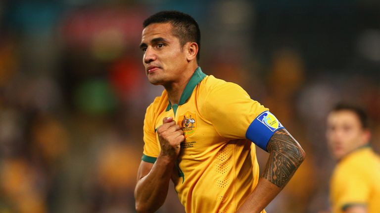Australia captain Tim Cahill celebrates scoring a goal during the friendly against South Africa.