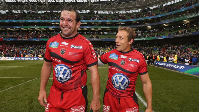 DUBLIN, IRELAND - MAY 18:  Jonny Wilkinson, (R) the Toulon Captain celebrates with team mate Carl Hayman after thier team's victory at the end of the Heine