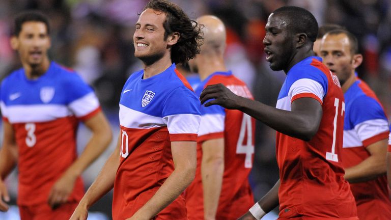 US men's national team player Mix Diskerud (C) smiles after scoring the first goal against Azerbaijan during a 