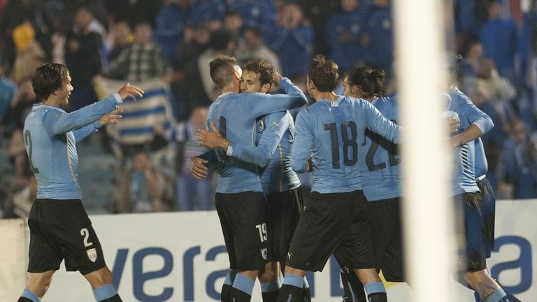 Uruguay's playes celebrate after scoring against Northern Ireland's during their friendly football match at Centenario Stadium  in Montevideo
