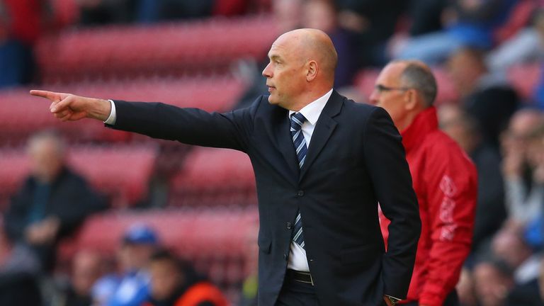 WIGAN, ENGLAND - MAY 09: Uwe Rosler the manager of Wigan Athletic gives instructions to his players during the Sky Bet Championship Play Off Semi Final
