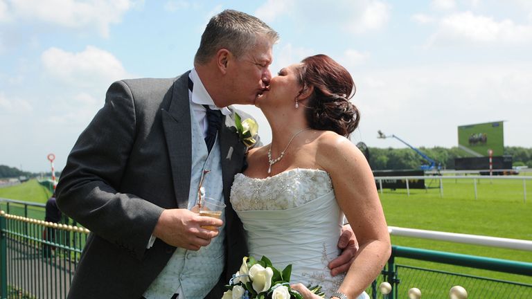 Richard and Carolyn Piper who were married in the morning celebrate their wedding day at Haydock