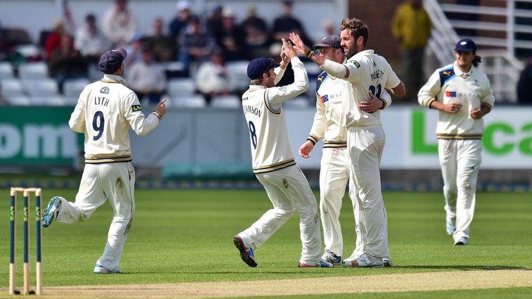 Yorkshire's Liam Plunkett celebrates the wicket of Durham's Mark Stoneman during the LV=County Championship Division One match at the Emirates Durham ICG