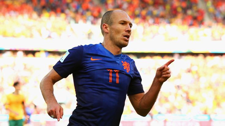 Arjen Robben of the Netherlands celebrates after scoring his team's first goal v Australia