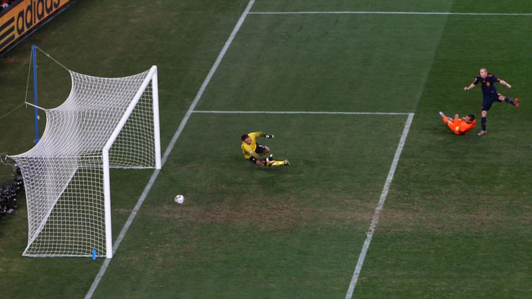  Andres Iniesta of Spain scores the winning goal during the 2010 FIFA World Cup South Africa Final match against Netherlands