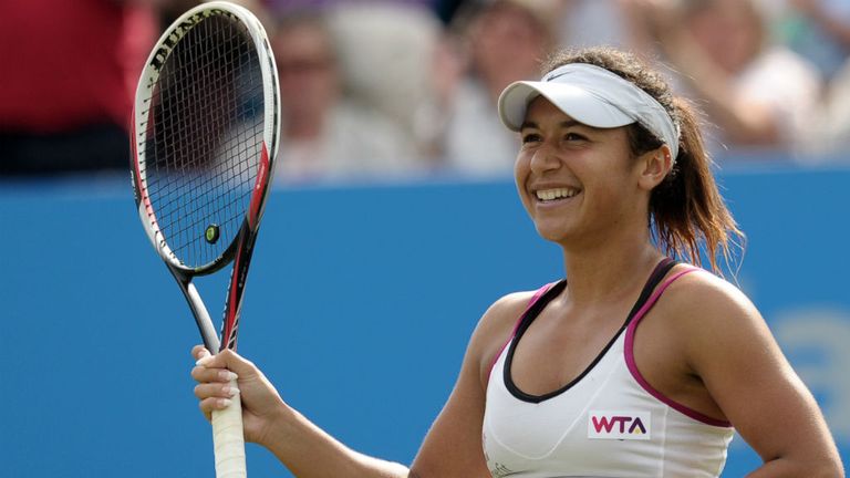 - Heather Watson of Great Britain celebrates after beating Flavia Pennetta of Italy in their Womens Singles 2nd Round match on the fifth day of the AEGON International tennis tournament