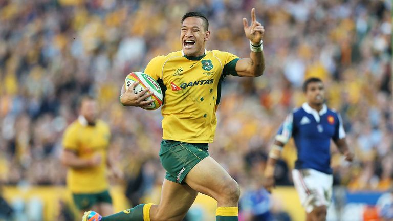 Israel Folau scoring a try against France