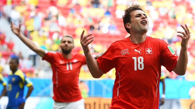 Admir Mehmedi celebrates his equaliser for Switzerland against Ecuador