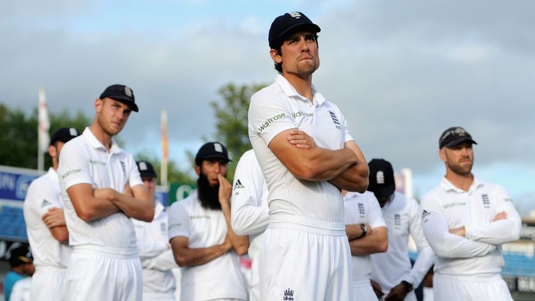 England captain Alastair Cook with his team after losing the 2nd Investec Test match between England and Sri Lanka at Headingley