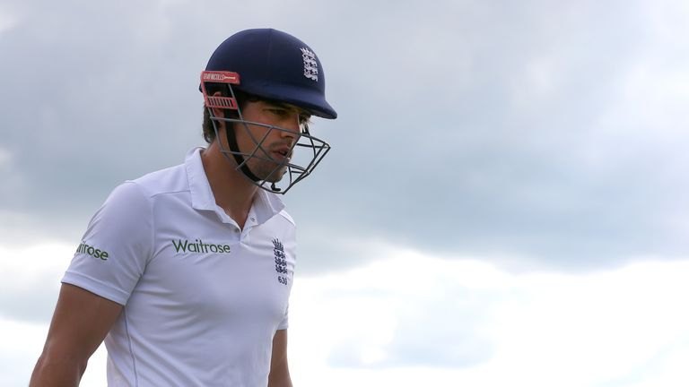 England captain Alastair Cook makes his way back to the pavilion after he was bowled out by Dhammika Prasad of Sri Lanka during the second Test