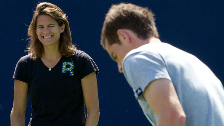 Britain's Andy Murray trains as his newly-appointed French coach Amelie Mauresmo