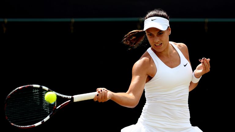 LONDON, ENGLAND - JUNE 27:  Ana Konjuh of Croatia plays a forehand return during the Ladies' Singles third round match against Caroline Wozniacki of Denmar