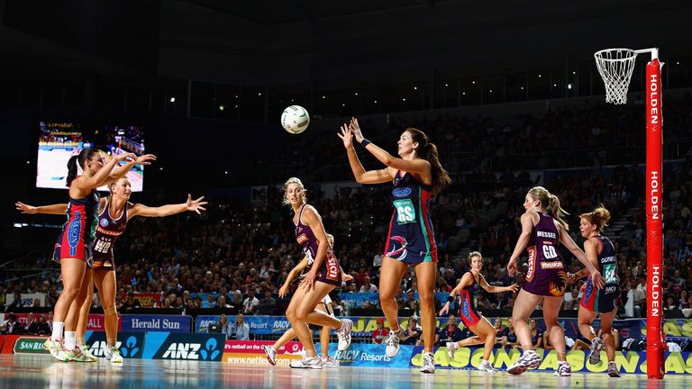 MELBOURNE, AUSTRALIA - APRIL 29:  Kate Beveridge of the Vixens catches the ball during the round five ANZ Championship match between the Vixens and the Fir