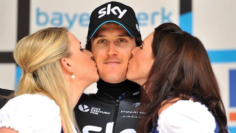 Geraint Thomas on the podium after winning Stage 4 and taking the overall lead in the 2014 Bayern Rundfahrt