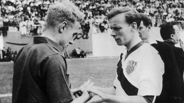 The captains of England and USA, Billy Wright and Ed McIlvenny (right) exchange souvenirs on June 29, 1950 in Belo Horizonte, Brazil