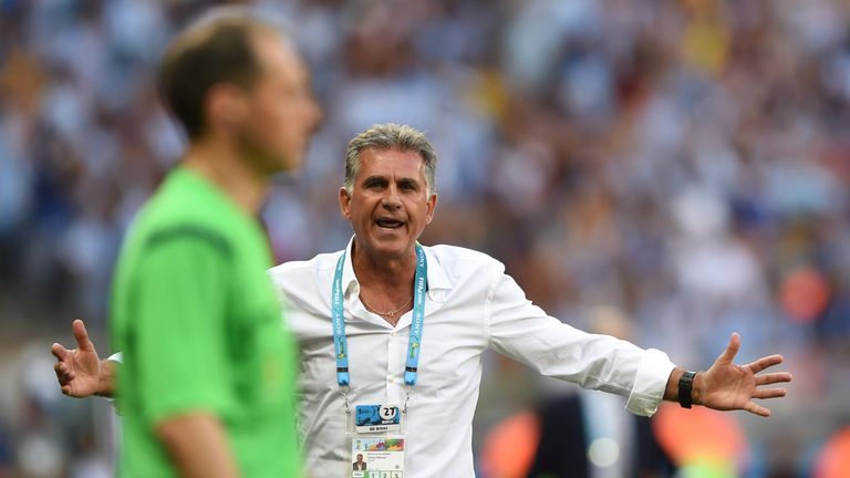 Iran's Portuguese coach Carlos Queiroz reacts during the Group F football match between Argentina and Iran at the Mineirao Stadium in Belo Horizonte