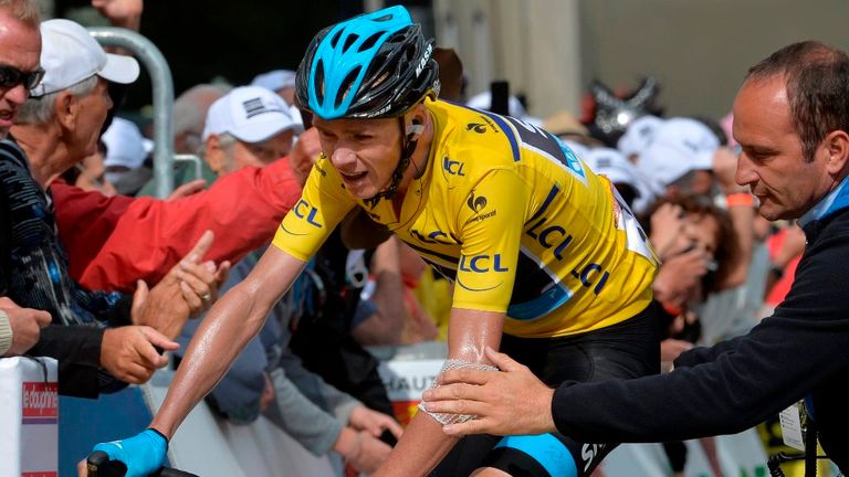 Chris Froome finishes stage seven of the 2014 Criterium du Dauphine