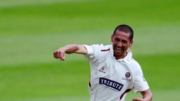 Alfonso Thomas of Somerset celebrates taking four wickets in four balls after dismissing Matt Machan of Sussex