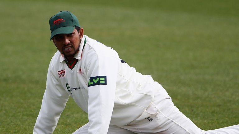 LEICESTER, ENGLAND - APRIL 17:   Ramnaresh Sarwan of the Leicestershire looks on during day one of the LV County Championship match between Leicestershire 