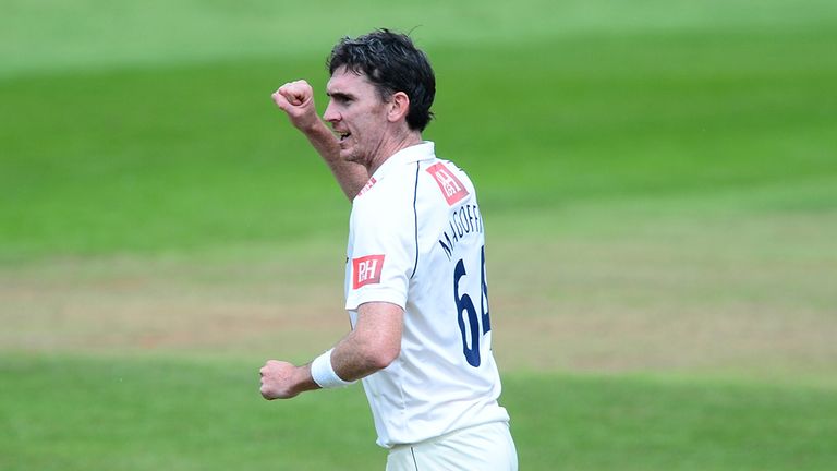 TAUNTON, ENGLAND - JUNE 09:  Steve Magoffin of Sussex celebrates after taking the wicket of Peter Trego of Somerset during day two of the LV County Champio