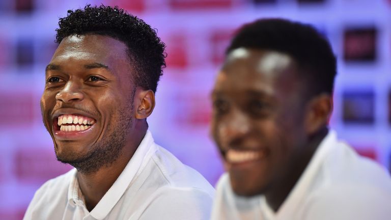 England forward Daniel Sturridge smiles during a press conference with Danny Welbeck at the Urca military base in Rio de Janeiro on June 16, 2014,