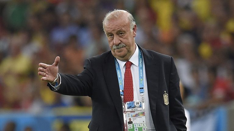 Spain's coach Vicente Del Bosque gestures during a Group B football match between Spain and Chile in the Maracana Stadium in Rio de Janeiro 