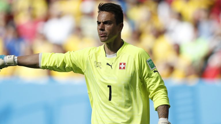 Switzerland's goalkeeper Diego Benaglio reacts during a Group E football match between Switzerland and Ecuador at the Mane Garrincha National Stadium