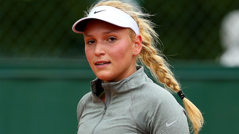 Donna Vekic of Croatia celebrates a point during her women's singles match against Julia Glushko of Israel