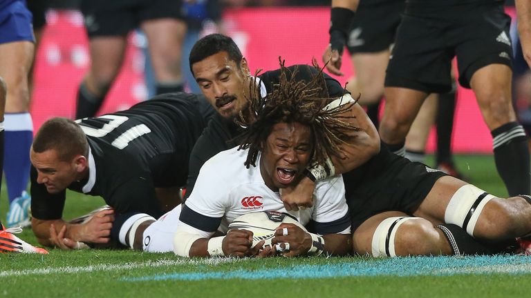 Marland Yarde of England dives over to score the first try during the second Test against New Zealand in Dunedin