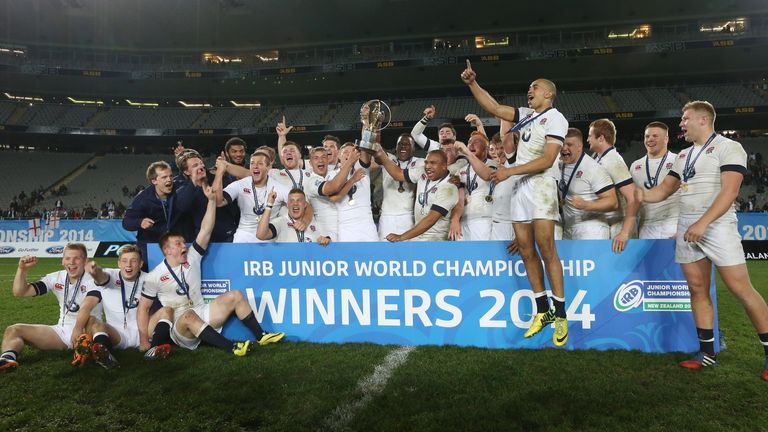 The England team celebrate winning the U20 Junior World Championship rugby union final match between England and South Africa at Eden Park in Auckland