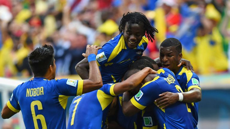 Enner Valencia is congratulated by his Ecuador team-mates after scoring against Switzerland