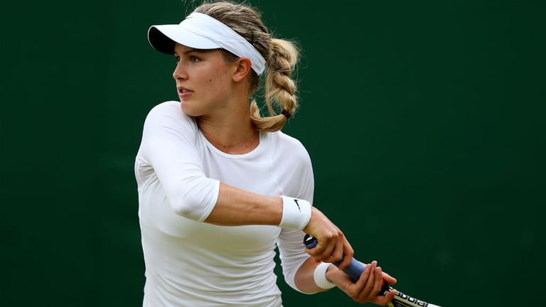 Eugenie Bouchard of Canada hits a forehand during her Ladies' Singles third round match against Carla Suarez Navarro of Spain on day five of the Wimbledon