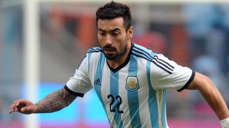 Argentina's forward Ezequiel Lavezzi drives the ball during a friendly football match against Slovenia