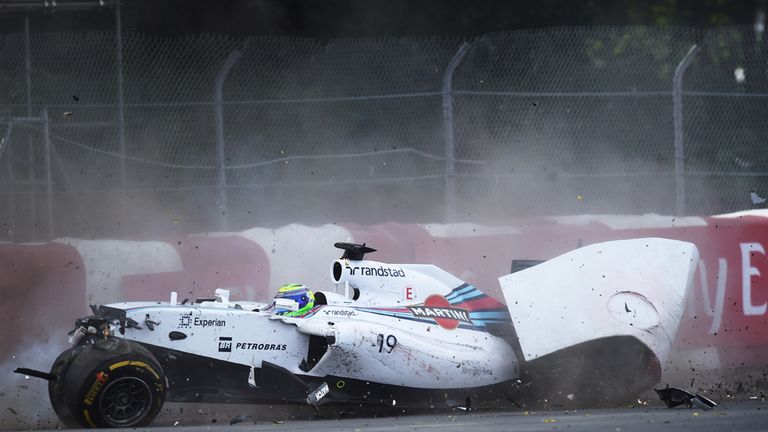 Williams driver Felipe Massa of Brazil hits the wall hard on the final lap at the Canadian Formula One Grand Prix at 