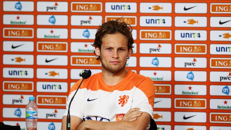 RIO DE JANEIRO, BRAZIL - JUNE 15:  Daley Blind speaks to the media during the Netherlands training session at the 2014 FIFA World Cup Brazil held at the Es