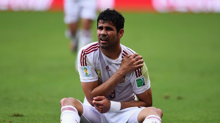 SALVADOR, BRAZIL - JUNE 13:  Diego Costa of Spain reacts during the 2014 FIFA World Cup Brazil Group B match between Spain and Netherlands at Arena Fonte N