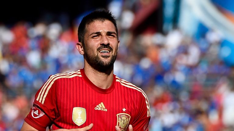 LANDOVER, MD - JUNE 07:  David Villa of Spain celebrates after scoring his team's second goal during an international friendly match between El Salvador an
