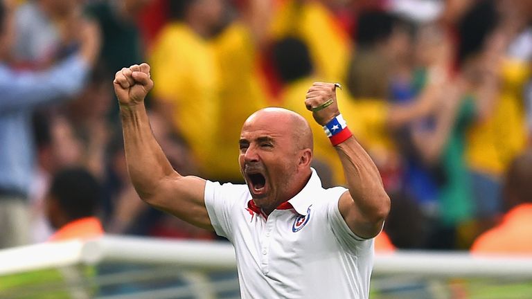 RIO DE JANEIRO, BRAZIL - JUNE 18: Head coach Jorge Sampaoli of Chile reacts after his team's first goal during the 2014 FIFA World Cup Brazil Group B match