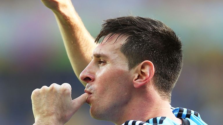 BELO HORIZONTE, BRAZIL - JUNE 21:  Lionel Messi of Argentina celebrates scoring his team's first goal during the 2014 FIFA World Cup Brazil Group F match b