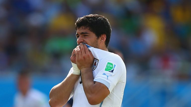 NATAL, BRAZIL - JUNE 24:  Luis Suarez of Uruguay reacts during the 2014 FIFA World Cup Brazil Group D match between Italy and Uruguay