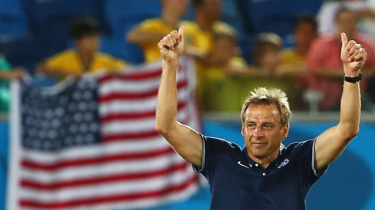 NATAL, BRAZIL - JUNE 16:  Jurgen Klinsmann of the United States celebrates his team's 2-1 victory over Ghana in 2014 FIFA World Cup Brazil Group G