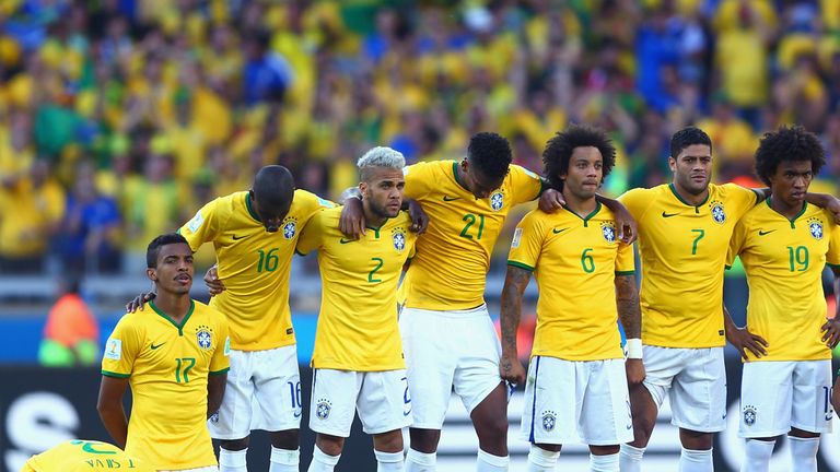 Brazil players look on preparing for penalty kicks during the 2014 FIFA World Cup Brazil round of 16 match between Brazil and Chile