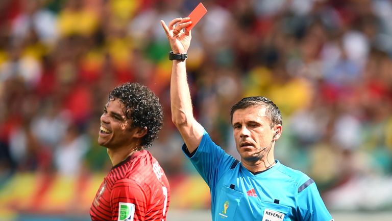 SALVADOR, BRAZIL - JUNE 16:  Pepe of Portugal is shown a red card and sent off by referee Milorad Mazic during the 2014 FIFA World Cup Brazil Group G match