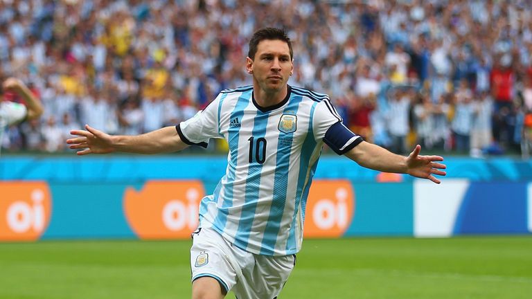 PORTO ALEGRE, BRAZIL - JUNE 25: Lionel Messi of Argentina celebrates scoring his team's first goal during the 2014 FIFA World Cup Brazil Group F match betw